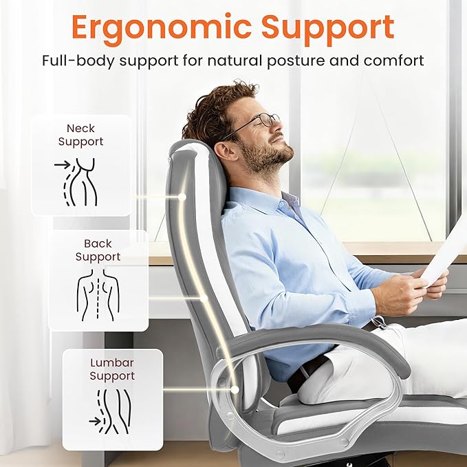 NEO Chair Office Desk Ergonomic Gaming Chair High Back Adjustable Computer Chair with Wheels and Lumbar Support Comfy Leather Executive Swivel (Grey)
