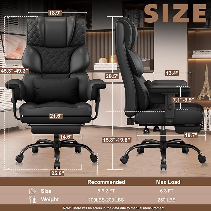 Vonesse Big and Tall Office Chair, Desk Chair with Soft Adjustable Armrests, Ergonomic High Back Gaming Chair with Lumbar Support, Executive Computer Chairs with Footrest (PU Leather, Black)