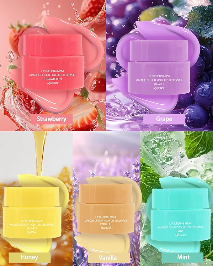 Lip Sleeping Mask Set,5 Pcs Moisturizing Lip Balm for Repair Dry Cracked Lips,Deep Hydrating Overnight Lipgloss Day&Night Non-Sticky Lips Primer Moisturizer Balms,Women Lipoil Care Christmas Gift