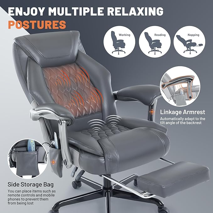 Massage Office Chair with Heating Function & Footrest, 6-Point Vibration, Ergonomic Executive Reclining Desk Chair with Padded Seat for Relaxation, Comfort & Stress Relief