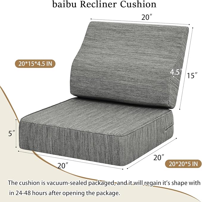 baibu Gel Memory Foam Recliner Cushions with Lumbar Support Pillow for Elderly, 20x20x5 Inch Thick Dual-Layer Design Non-Slip Seat Cushion for Recliner Chair for Reduce Hip & Lumbar Pain, Grey