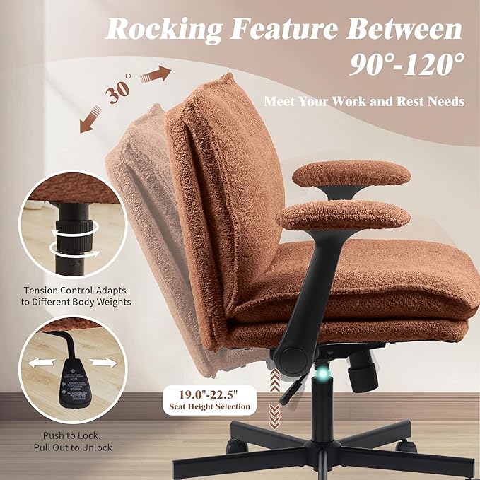 Criss Cross Legged Office Chair with Wheels and Flip-Up Arms, Upholstered Criss Cross Desk Chair, Wide Seat Chairs for Home Office, Vanity, Apartment, Orange