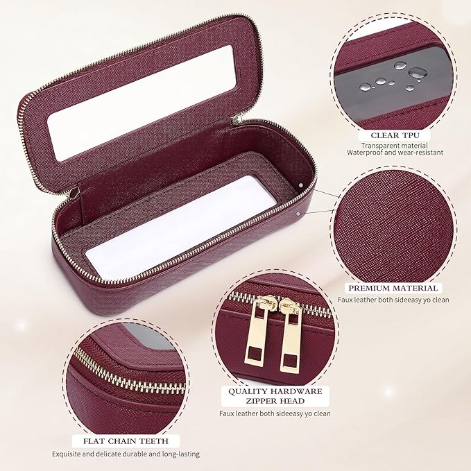 Pinkmik Makeup Brush Bag Slim Clear Makeup Bag Transparent Travel Cosmetic Case & Toiletry Bag with Zipper Small Beatuy Makeup Bag Purse Organizer for Women (X/Burgundy, SLIM)