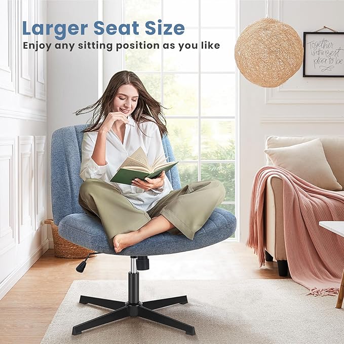 DUMOS Criss Cross Legged Chair Wide Comfy Home Office Desk Seat, No Wheels Armless Computer Task Seating, Swivel Vanity Chair Height Adjustable for Makeup Bedroom, Fabric Blue