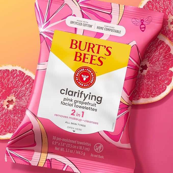 Burt's Bees Pink Grapefruit Face Wipes, for All Skin Types, Hydrating Makeup Remover & Facial Cleansing Towelettes, 30 Ct. (6-Pack)