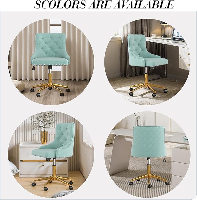 Velvet Armless Home Office Desk Chair, Swivel Height-Adjustable Small Cute Vanity Chair for Women/Girls, Comfy Makeup Chair with Rivet and Gold Base for Living Room, Bedroom(Green)