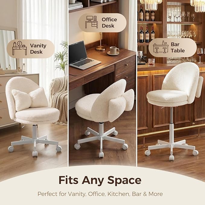 GTPOFFICE Vanity Chair with Back, Adjustable Tall Office Chair High Swivel Bar Stools Fluffy Cute Desk Chair Comfy with Wheels Bow Pillow Armlees for Adults Standing Desk Bar, Teddy Velvet, White