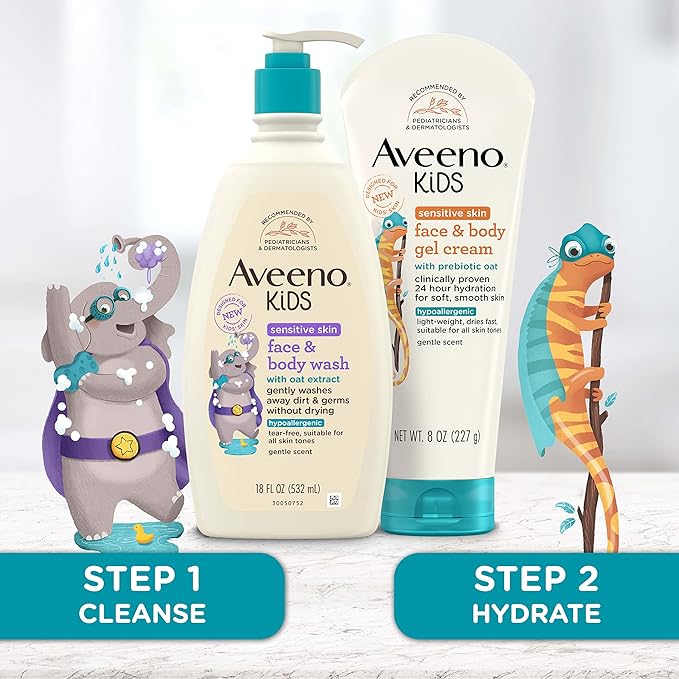 Aveeno Sensitive Skin Face & Body Gel Cream for Kids with Prebiotic Oat, Clinically Proven 24 Hour Hydration for Soft Skin, Quick Drying and Lightweight, Hypoallergenic, 8 oz