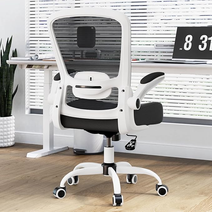 Mimoglad Ergonomic Office Chair - Desk Chair with Flip-up Armrests & 135° Recline, Adjustable Lumbar Support - Space-Saving Task Chair for Business/Team Office & Home (White Frame-Black, 350lbs)
