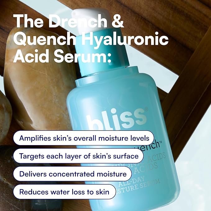 Bliss Drench & Quench Hyaluronic Acid Serum – Hydrating Face Serum with Amino Acids – Deep Moisture, Plumps & Smooths Dry, Sensitive Skin – 1 Fl Oz