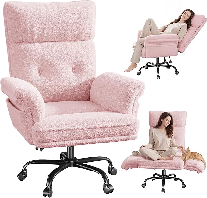 Big and Tall Office Chair with Adjustable Armrests & Wheels，145° Reclining Desk Chair Comfy,Pink Vanity Chair for Home,Office,Bedroom,Teddy Plush
