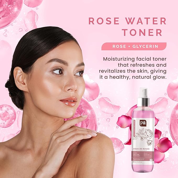 PILI Rose Water, Facial Toner for Sensitive Skin. Refreshes, Tones and moisturizes with The Softness of The Natural Extract of Roses and Glycerin. 8.4 oz