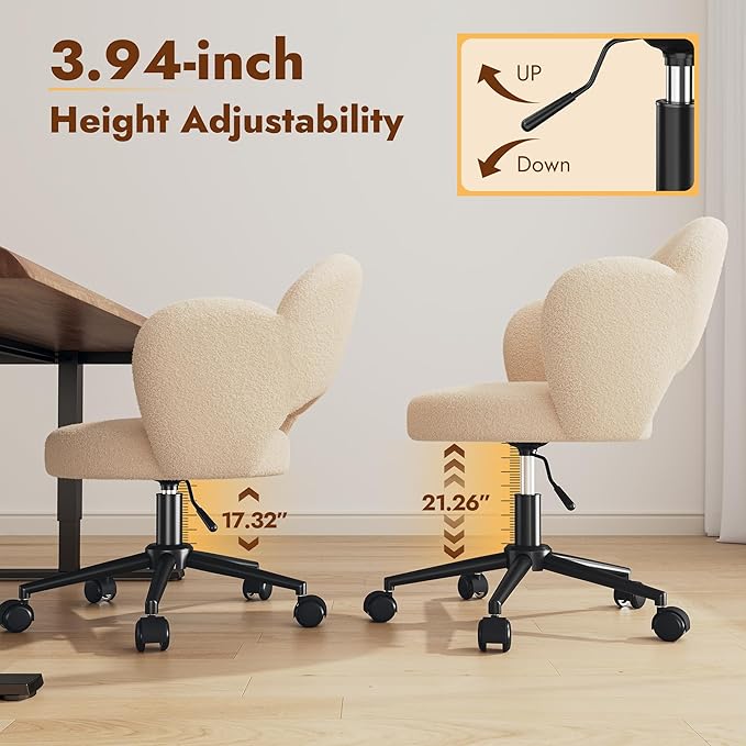 Petal Vanity Chair, Cute Vanity Chair with Wheels, Height Adjustable, Velvet Desk Chair for Study, Makeup & Relaxation, Creamy Beige