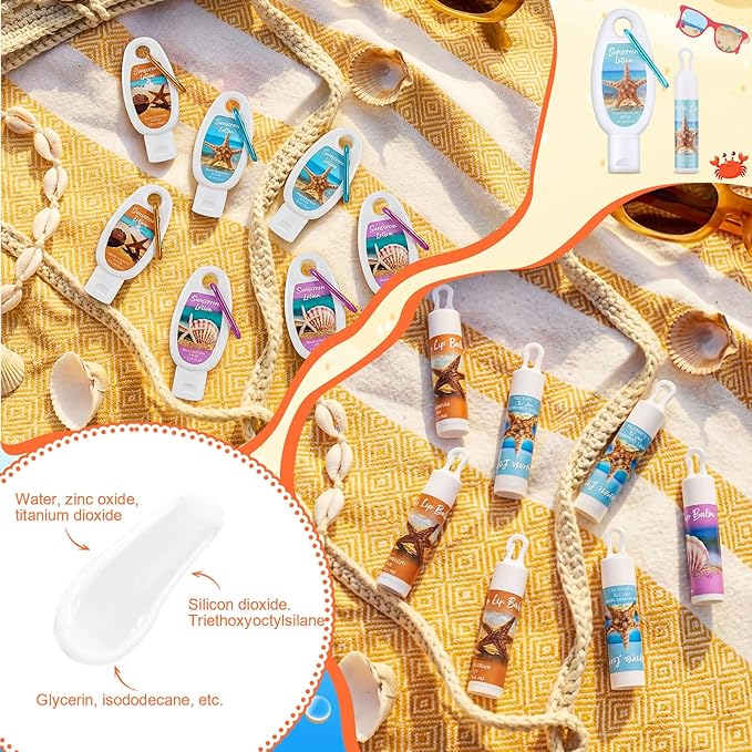 Demissle 24 Sets Mini Sunscreen and Sunscreen Lip Balms Bulk Spf 30 Travel Size with Carabiner Clip-on Lip Balms Packets for Summer Wedding Bridal Baby Shower Party Favors Gifts(Beach)