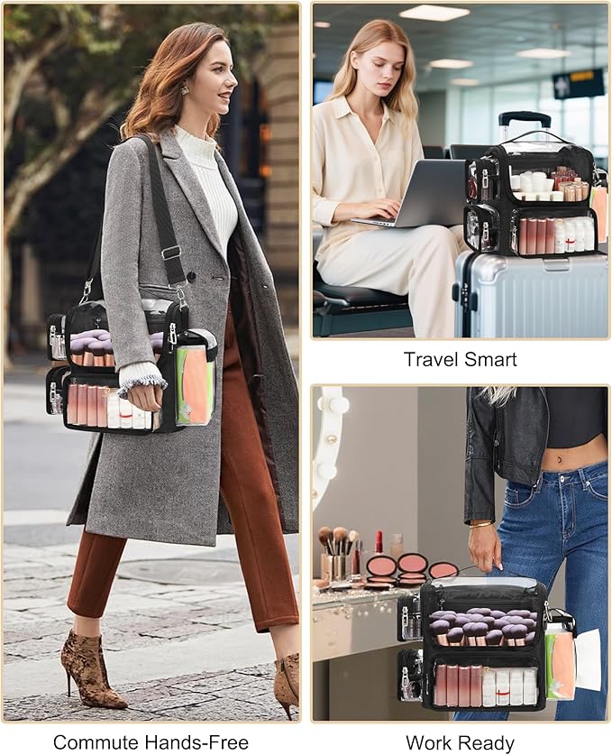 TANTO Makeup Brush Bag, Makeup Artist Bag Clear Makeup Case Professional Large Cosmetic Organizer Bag Portable Cosmetic Train Case with Adjustable Dividers & Shoulder Strap Easy to Clean