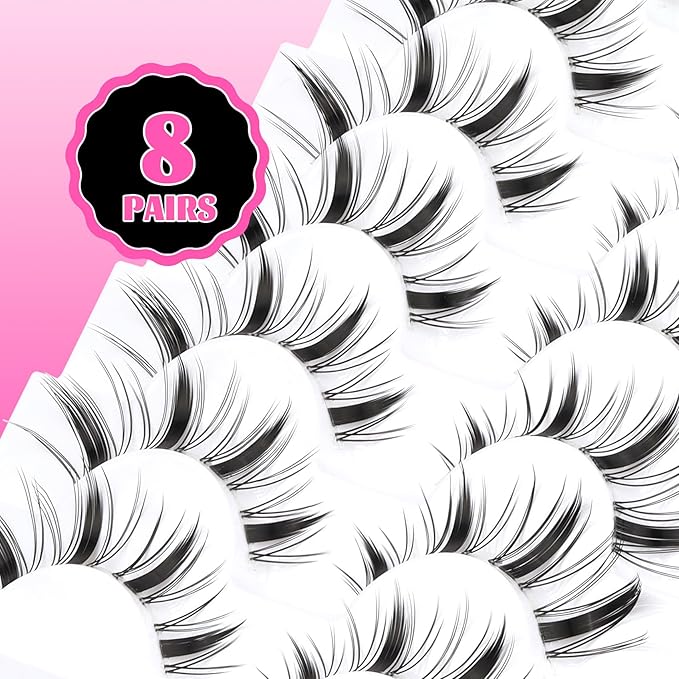 Veleasha Fairy Lashes Manga Eyelashes Spiky Eyelash Cat Eye Lashes Wispy Natural Look False Eyelashes 100% Handmade with Clear Band 8 Pairs (Fairy)