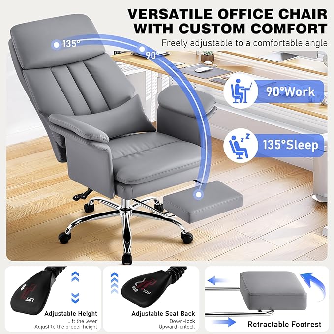 Comfortable Home Office Chair with Footrest 400lbs, Premium PU Leather Office Chair with High Back Adjustable Lumbar Support Double-Layered Armrests,Reclining Chairs,Gray