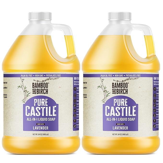 BAMBOO AND BIRCH Pure Castile Soap Liquid, Certified Palm Oil Free Natural Soap, Lavender, 1 Gallon