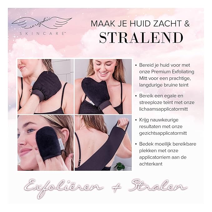 Seraphic Skincare 4-Piece Self Tanner Kit - Includes Premium Exfoliating Self Tanner Mitt, Facial Tanning Mitt, Body Tanning Applicator Mitt, and Back Tanning Applicator Belt for a Perfect Tan Glow
