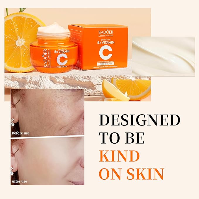 SADOER Vitamin C Face Cream 2 Pack, 5X Vitamin C with Hyaluronic Acid & Niacinamide, Daily Moisturizer to Boost Radiance, Hydrate & Even Skin Tone, For All Skin Types, 50g Each