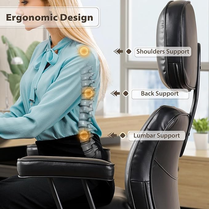 HOOOWOOO Ergonomic Office Chair,Mid Century Modern Computer Desk Chair,Comfy Executive Chair with Extra Wide Tufted Cloudy Seat Lumbar Support High Reclining Back,PU Faux Leather Black