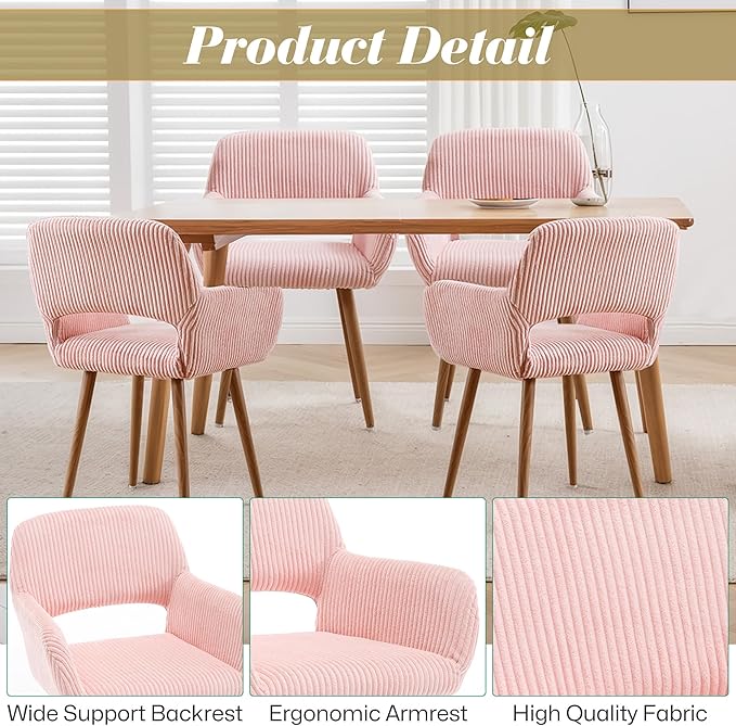 HENJIANYI Home Office Corduroy Desk Chair, Makeup Vanity Chair, Comfy Accent Armchair with Wood Grain Metal Legs, Cute Dining with Hollowed Back, Pink