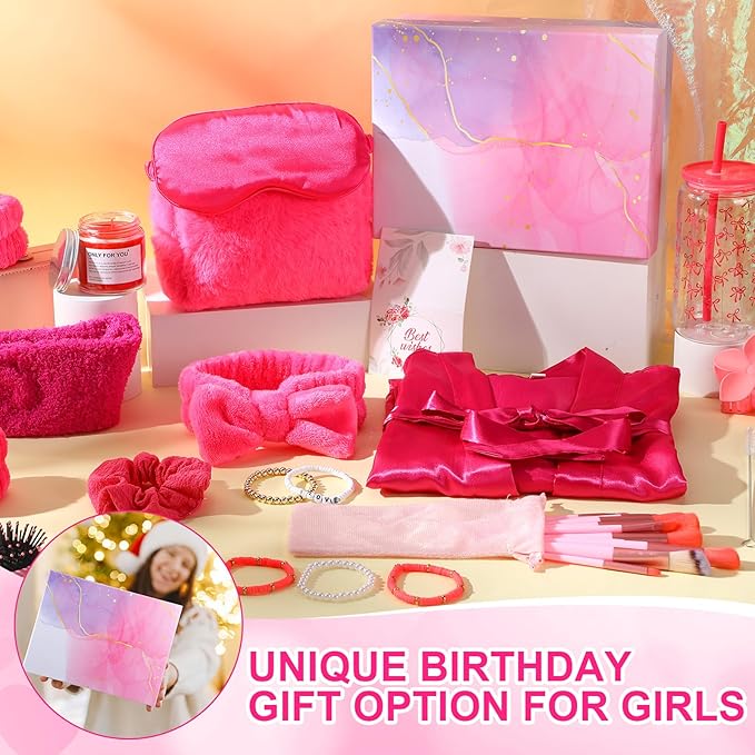 15 Pcs Birthday Gifts for Women Robe Sets for Women Spa Basket Set Graduation Gifts Bath Robe Make up Brushes Scented Candle Fluffy Socks Coffee Cup for Mom Nurse Girlfriend Wife(Rose Red)