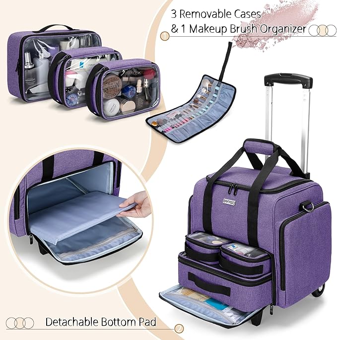 BAFASO Rolling Makeup Case with 3 Removable Pouches and 1 Makeup Brush Bag, Professional Makeup Train Case Cosmetic Bag with Detachable Dolly (Patented), Purple