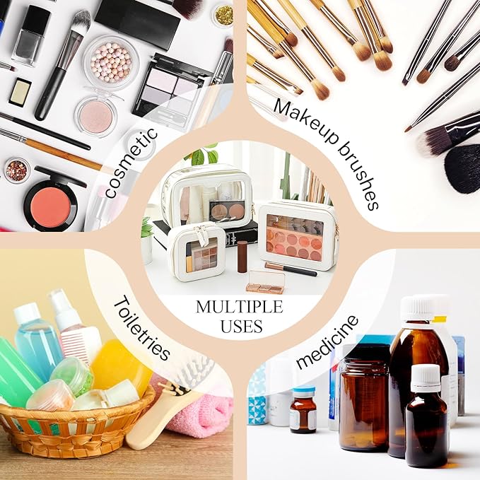 4 Pcs Leather Clear Makeup Bags Set for Women Travel Clear Cosmetic Case Toiletry Bags with Zipper Makeup Brush Case Waterproof Organizer Storage for Women Men Travel Accessories, 4 Sizes(White)
