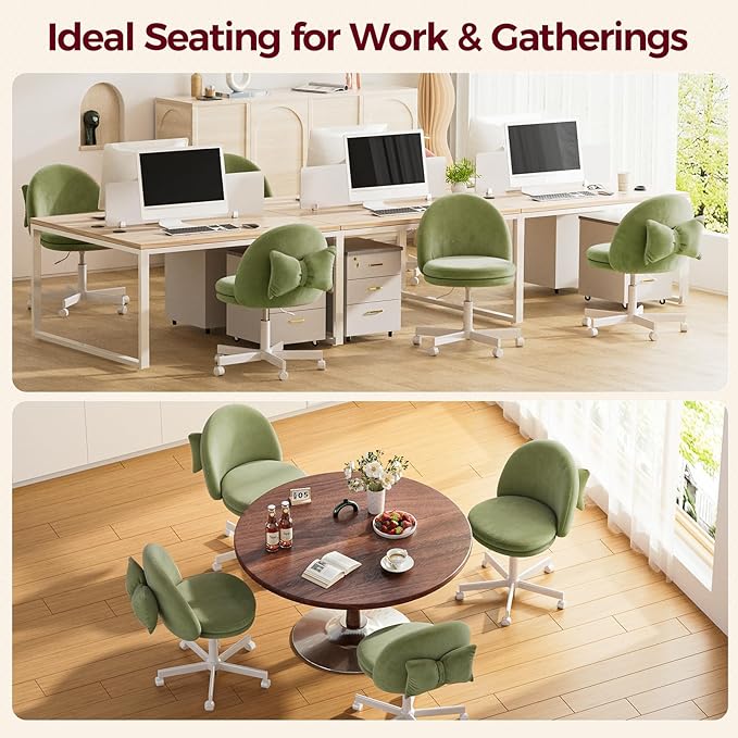 GTPLAYER Velvet Tall Office Chair with Wheels Vanity Chairs with Back, Versatile Height Use: Office to Bar Stools Small Ergonomic Comfy Armlees Computer Desk Chair with Bow Lumbar Pillow for Gift