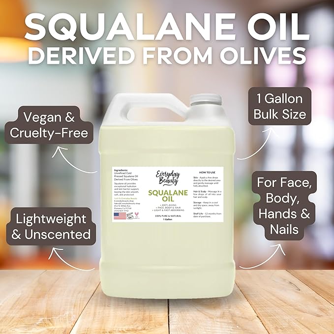 Squalane Oil Bulk - 1 Gallon 100% Pure & Natural Plant Derived Facial Oil - Cold Pressed and Unrefined Premium Grade Multipurpose Moisturizing Oil For Skin and Hair