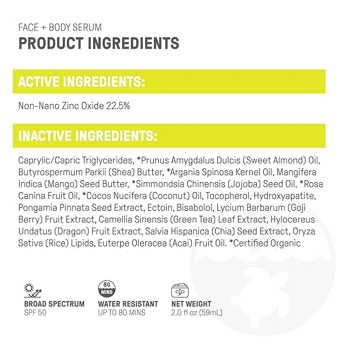 Raw Elements Face + Body Serum SPF 50 All-Natural Mineral Sunscreen - Reef Safe, Water Resistant, Broad Spectrum UVA/UVB Protection, Safe For All Ages, Travel Size 2oz (Pack of 2)
