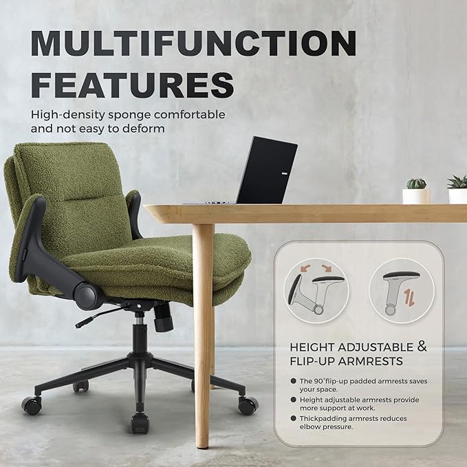 Criss Cross Legged Office Chair with Wheels and Flip-Up Arms, Ergonomic Wide Seat Desk Chair with Thick Padded, Height Adjustable Criss Cross Chairs for Home Office, Bedroom,Apartment,Vanity,Green