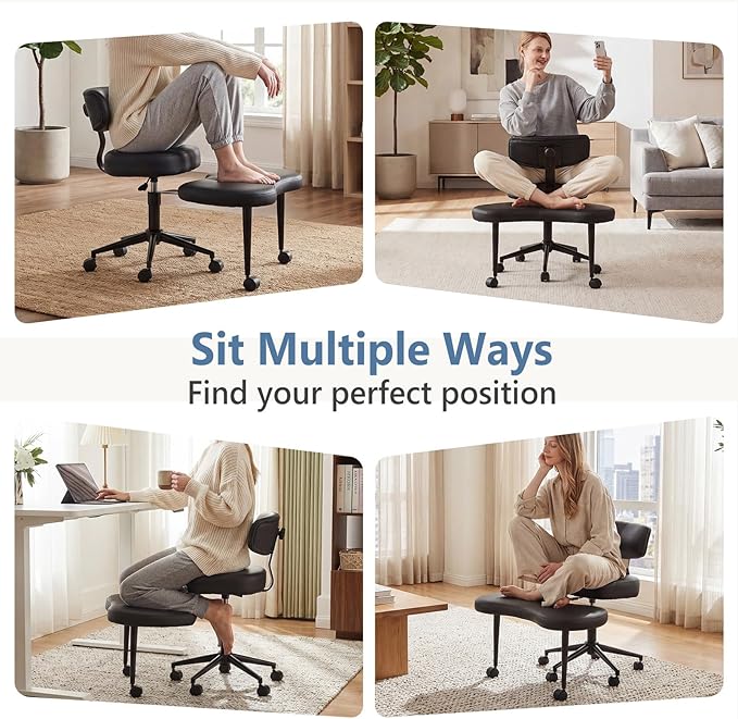 DUMOS Ergonomic ADHD Cross Legged Office Desk Chair with Adjustable Backrest, Height Adjustable Meditation Chair with 360° Swivel Footstool, PU Leather Yoga Stool for Home Office, Black