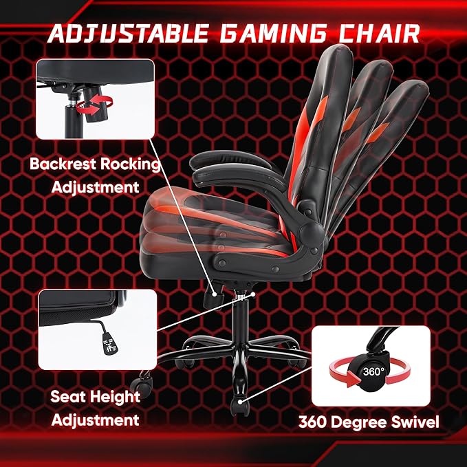NEWBULIG Computer Gaming Desk Chair - Big Tall Ergonomic Lumbar Support with Flip-up Armrest and 360° Swivel Wheels, PU Leather Height Adjustable, for Home and Office, Red