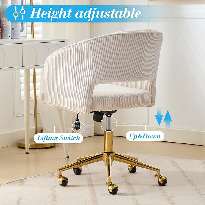 Home Office Chair Swivel Corduroy Fabric Desk Chair Accent Armchair Upholstered Modern Tufted Chairs with Gold Base for Girls Women Ergonomic Study Seat Computer Task Stools for Living Room(Beige)