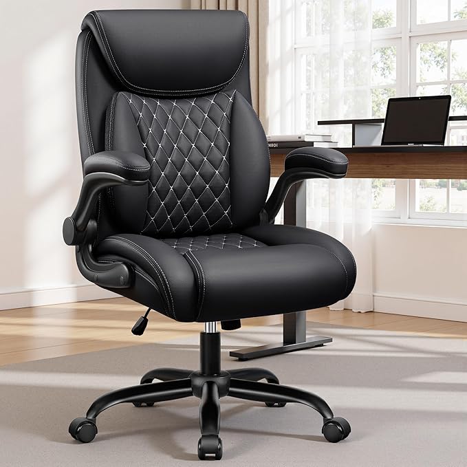 Office Chair,Ergonomic Office Chair with Lumbar Support for Lower Back Pain Relief, Executive Leather Chair with Padded Flip-up Arms, Wheels and Adjustable Armrests, Black Pack of 6