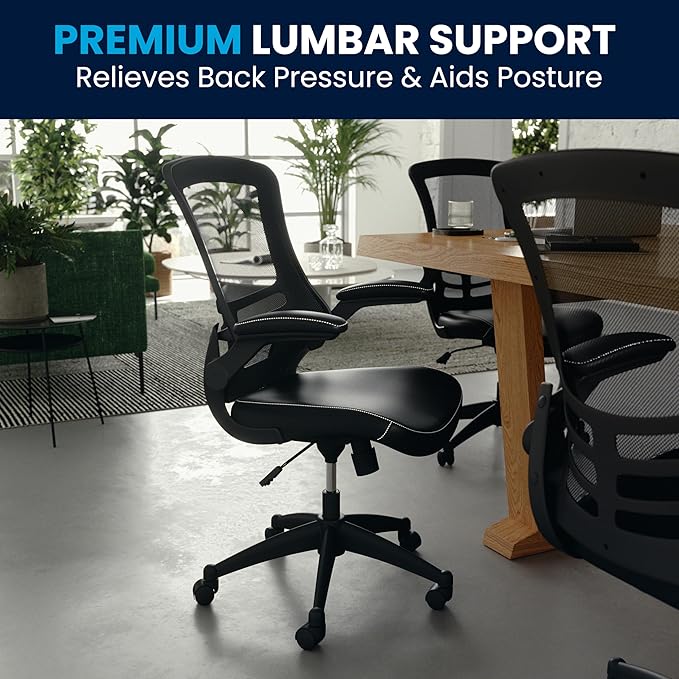 Flash Furniture Kelista Mid-Back Swivel Office Chair with Adjustable Seat Height, Ergonomic Mesh Desk Chair with LeatherSoft Seat, Black