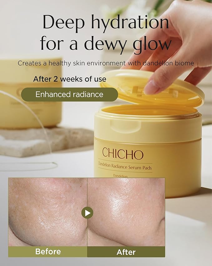 CHICHO Dandelion Radiance Serum Pads (90 Pads) – Jumbo 8cm Quick Mask Toner Pads – 80.2% Dandelion Biome + Lotus, Vegan pH 5.2, Sensitive Skin