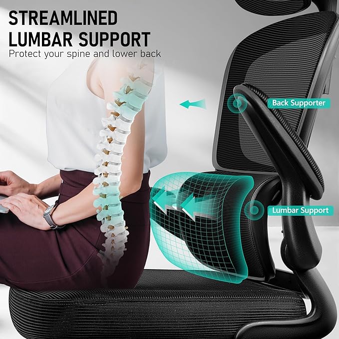 High Back Ergonomic Office Chair, Breathable Mesh Desk Chair with Lumbar Support, Adjustable Headrest, Flip-up Armrests, Computer Gaming Chair, (Black, 4Pack)