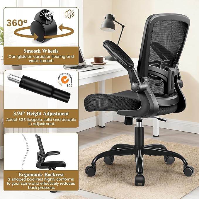 Office Chair with 90° Flip-Up Armrests, Silent 360° Swivel Casters, Adjustable Height & Tilt for Small Home Offices and Conference Rooms
