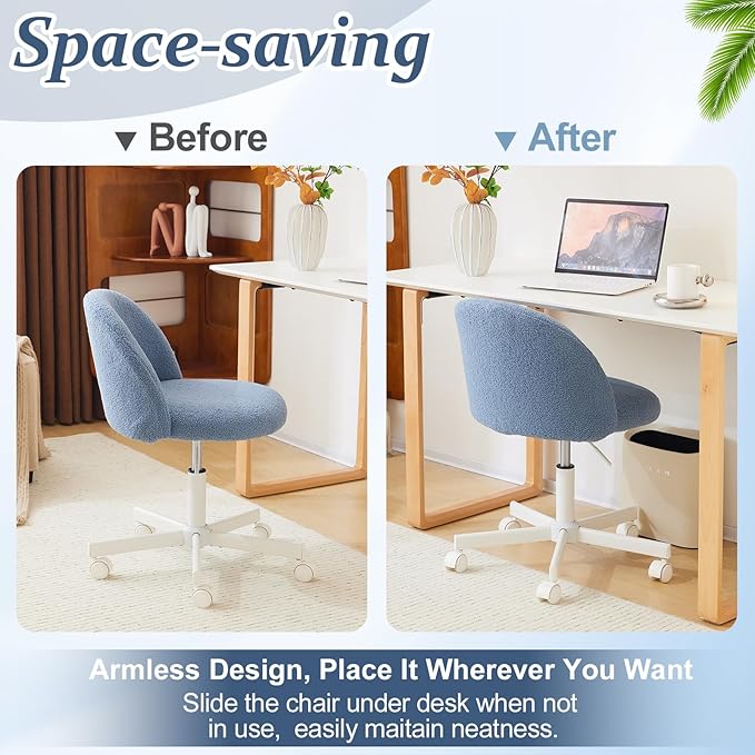 VINGLI Cute Candy Chair Armless Comfy Small Office Desk Vanity Chair with Wheels & Lumbar Support,Teddy Adjustable Rolling Swivel Computer Task Ch for Home Office,Bedroom,Fog Blue
