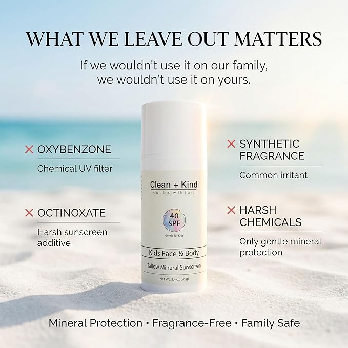 Kids Mineral Sunscreen SPF 40 – Non-Nano Zinc Oxide Sun Protection with Grass-Fed Tallow, Lightweight No White Cast, Gentle for Sensitive Skin