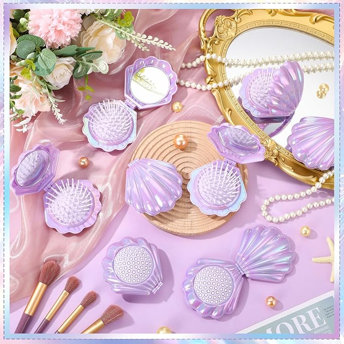 Meanplan 12 Pcs Mermaid Party Favors Shell Hair Brush with Mirror Foldable Mini Travel Pocket Hair Brush Compact Makeup Comb for Women Girls Valentines Day Birthday Gifts(Purple)