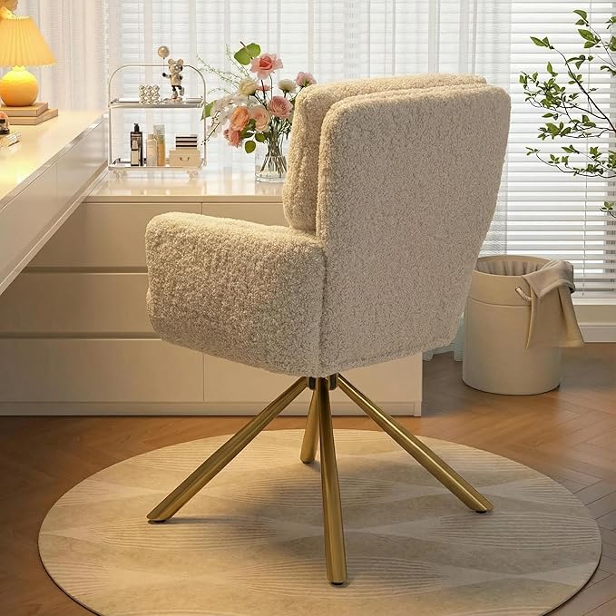 Kiztir Vanity Chair No Wheels Upholstered Teddy Vanity Chair with Back Gold Metal Criss Cross Home Office Desk Chair Boucle Accent Chair Modern Reading Chair Armchair for Living Room, Bedroom (Beige)