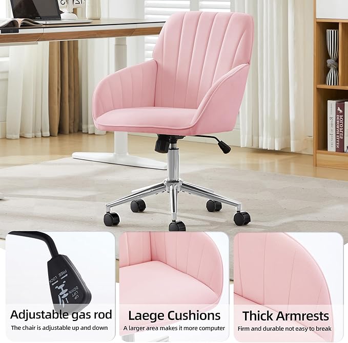 Velvet Home Office Desk Chair, Modern Cute Computer Task Chair with Back, Height Adjustable Upholstered Vanity Chair with Swivel Wheels for Women, Girls (Silver Base, Pink