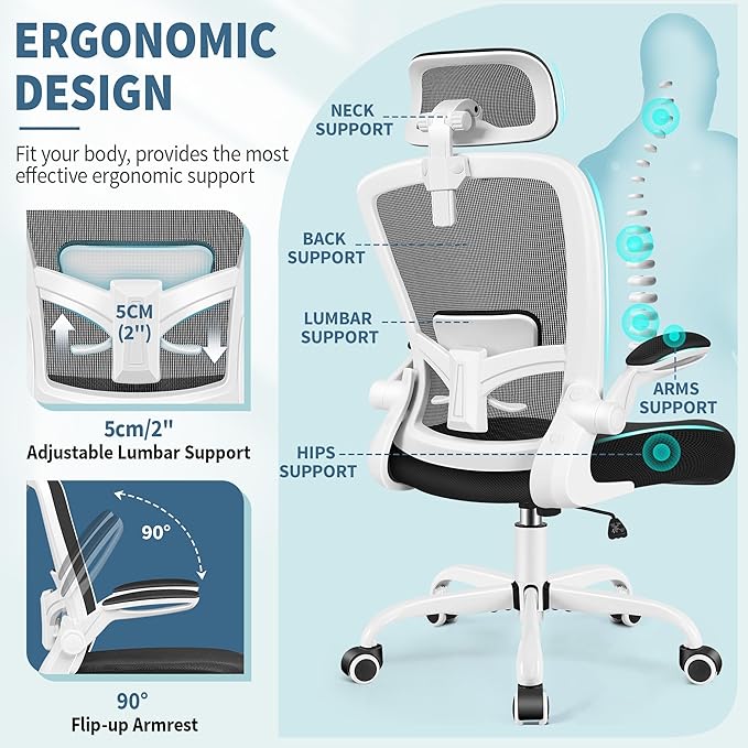 FelixKing Office Chair, Desk Chair with Adjustable Lumbar Support, Ergonomic Computer Chair with High Back and Armrest, Adjustable Height Gaming Chair Home Office Swivel Chair(White)
