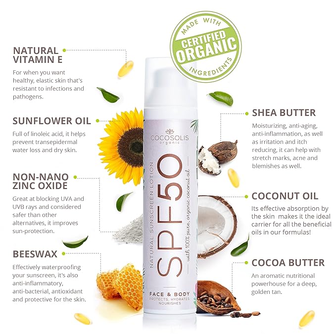 COCOSOLIS Natural Sunscreen Lotion SPF 50 | Effective UVA and UVB protection | Long-lasting Saturated Tan | Nourished & Hydrated Skin | For Face & Body | Mineral Sun Block | 100% Natural Ingredients