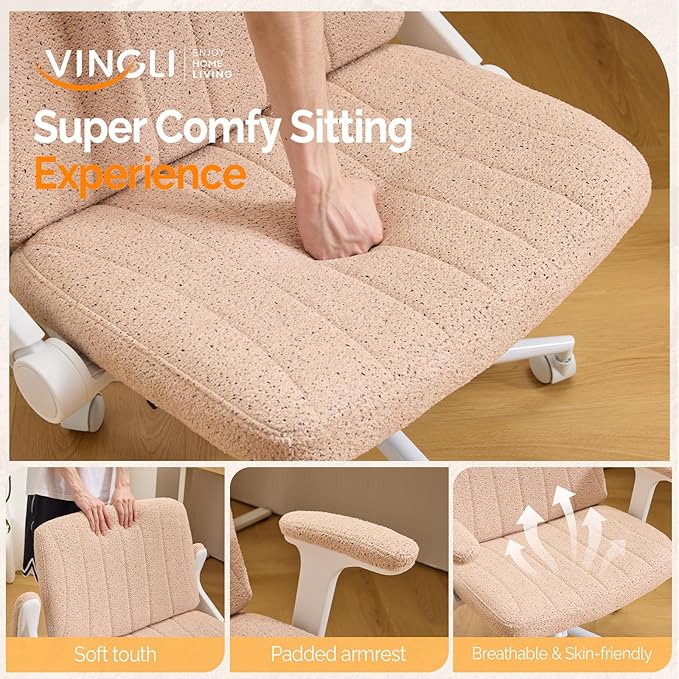 VINGLI Criss Cross Chair with Adjustable Flip-Up Arms,Cross Legged Chair with Wheels,Extra Wide Office Chair,Desk Chair for Home Office,Vanity,Bedroom, Apartment,Starry Chenille,Pink