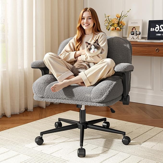 Cross Legged Office Chair with Flip-Up Arms,Oversized Criss Cross Chair with Wheels,Wide & Extra-Deep Seat Thickened for Home Office,Vanity, Bedroom,Apartment Dorms,Plush Cushion,Comfy,Grey
